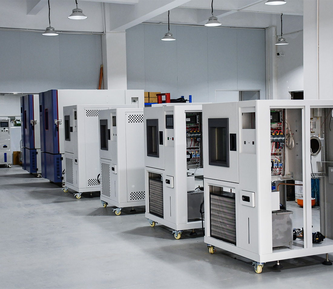 Reliability testing equipment workshop with chambers and material testers ready to ship